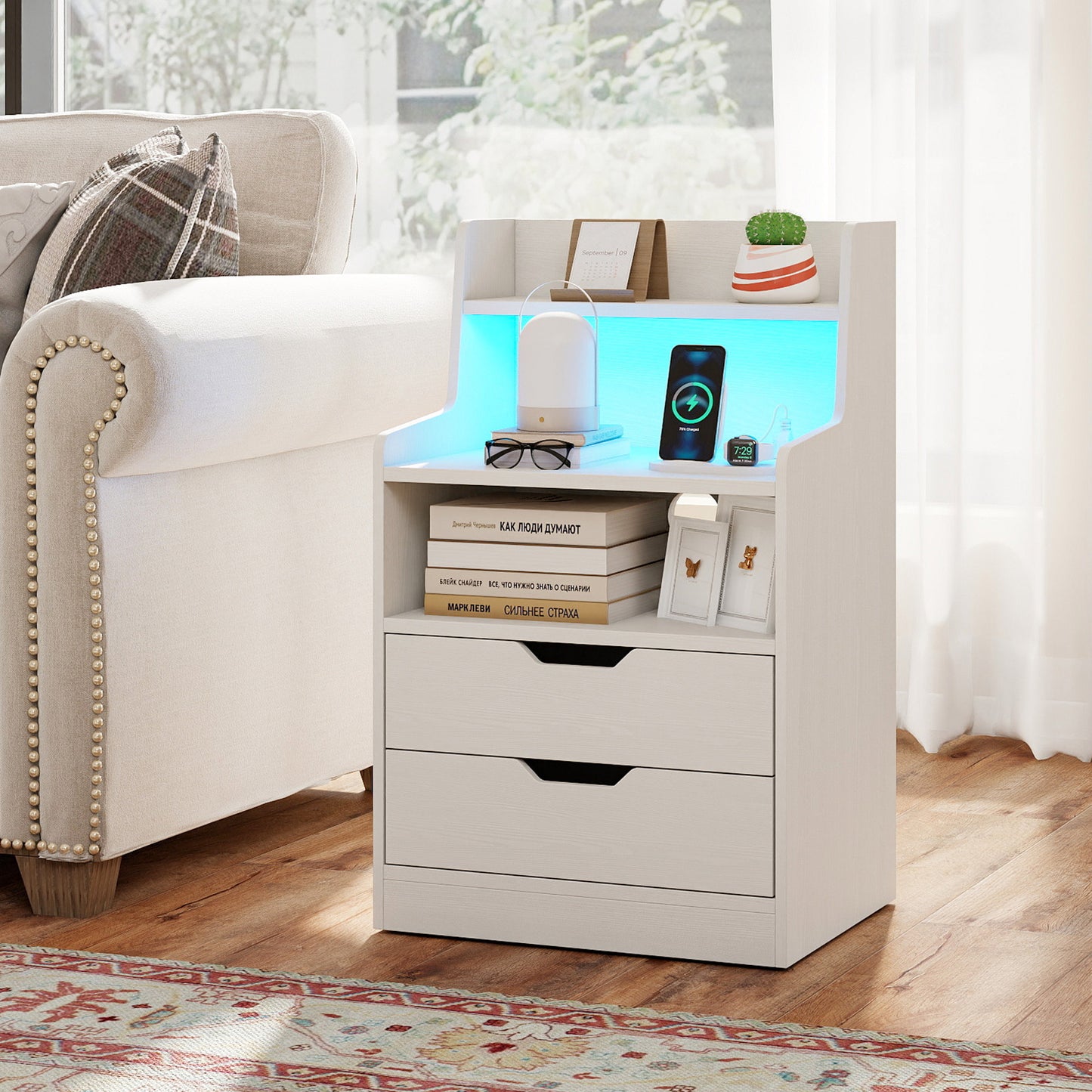 Nightstand with LED Light and Charging Station for Living Room Bedroom, White Nightstands at Gallery Canada