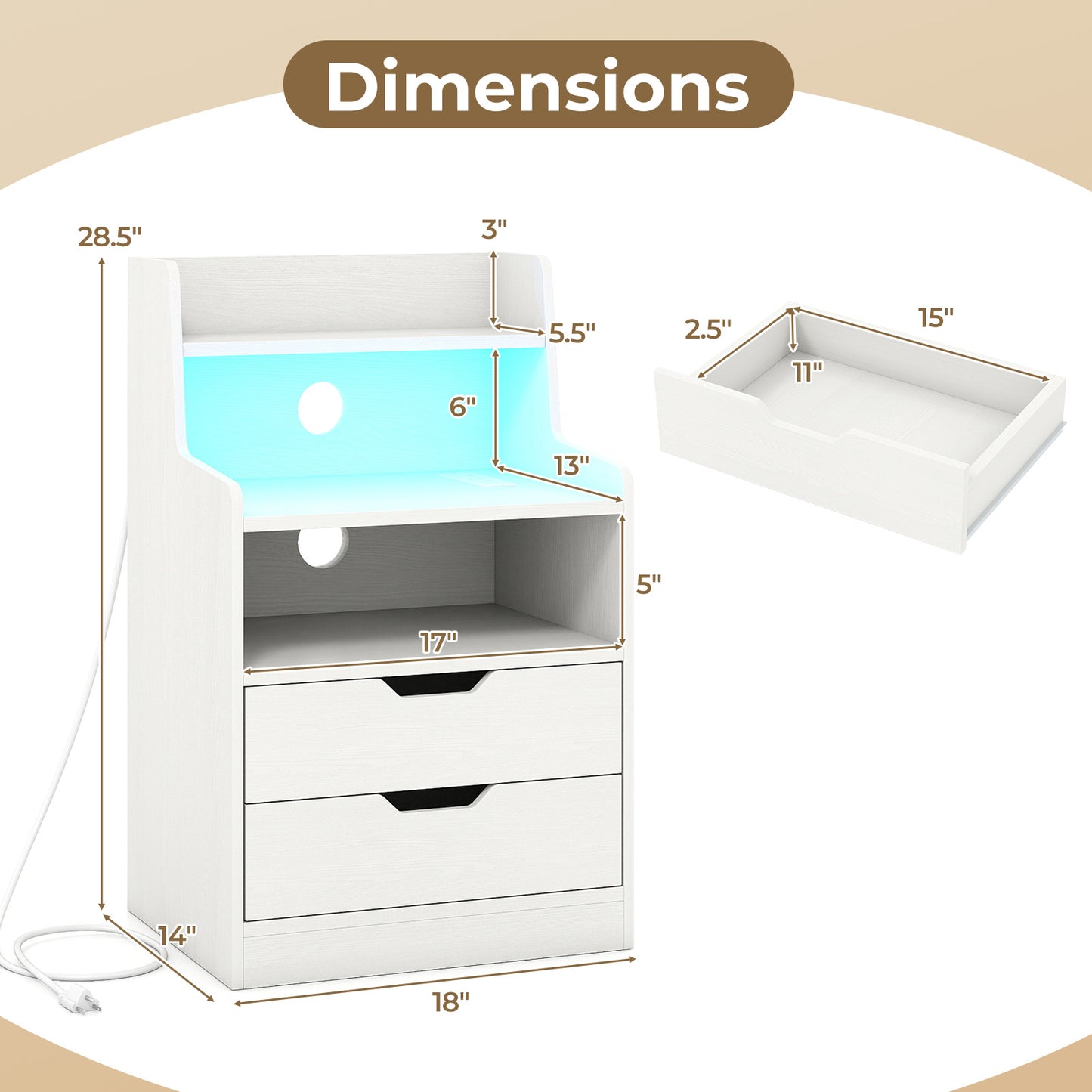 Nightstand with LED Light and Charging Station for Living Room Bedroom, White Nightstands at Gallery Canada