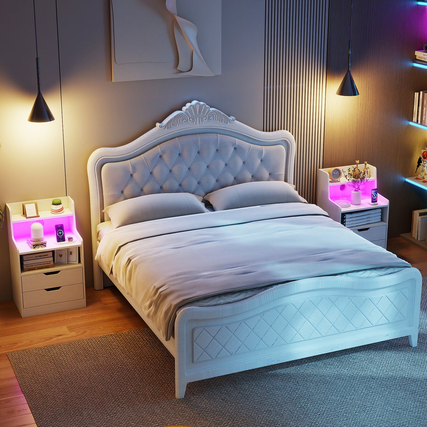 Nightstand with LED Light and Charging Station for Living Room Bedroom, White Nightstands at Gallery Canada