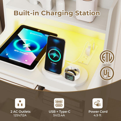 Nightstand with LED Light and Charging Station for Living Room Bedroom, White Nightstands at Gallery Canada