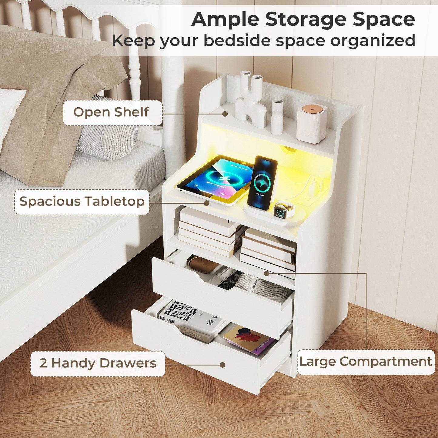 Nightstand with LED Light and Charging Station for Living Room Bedroom, White Nightstands at Gallery Canada