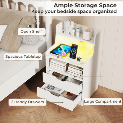 Nightstand with LED Light and Charging Station for Living Room Bedroom, White Nightstands at Gallery Canada