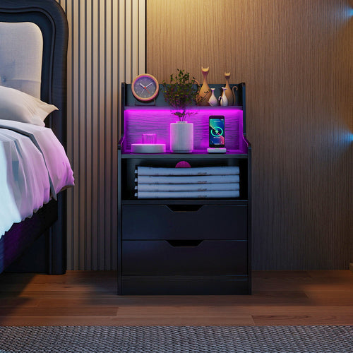 Nightstand With LED Light, Charging Station, Black