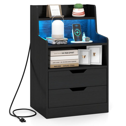 Nightstand With LED Light, Charging Station, Black
