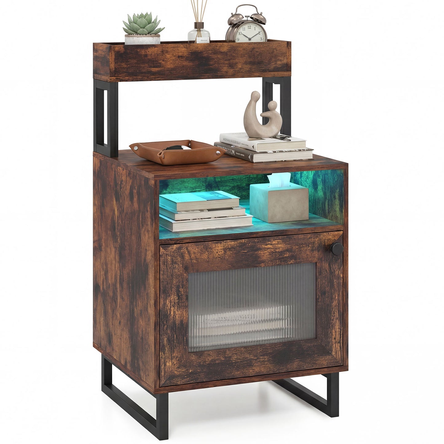 Nightstand with LED Lights, Modern End Table, Size, Rustic Brown Nightstands Rustic Brown at Gallery Canada