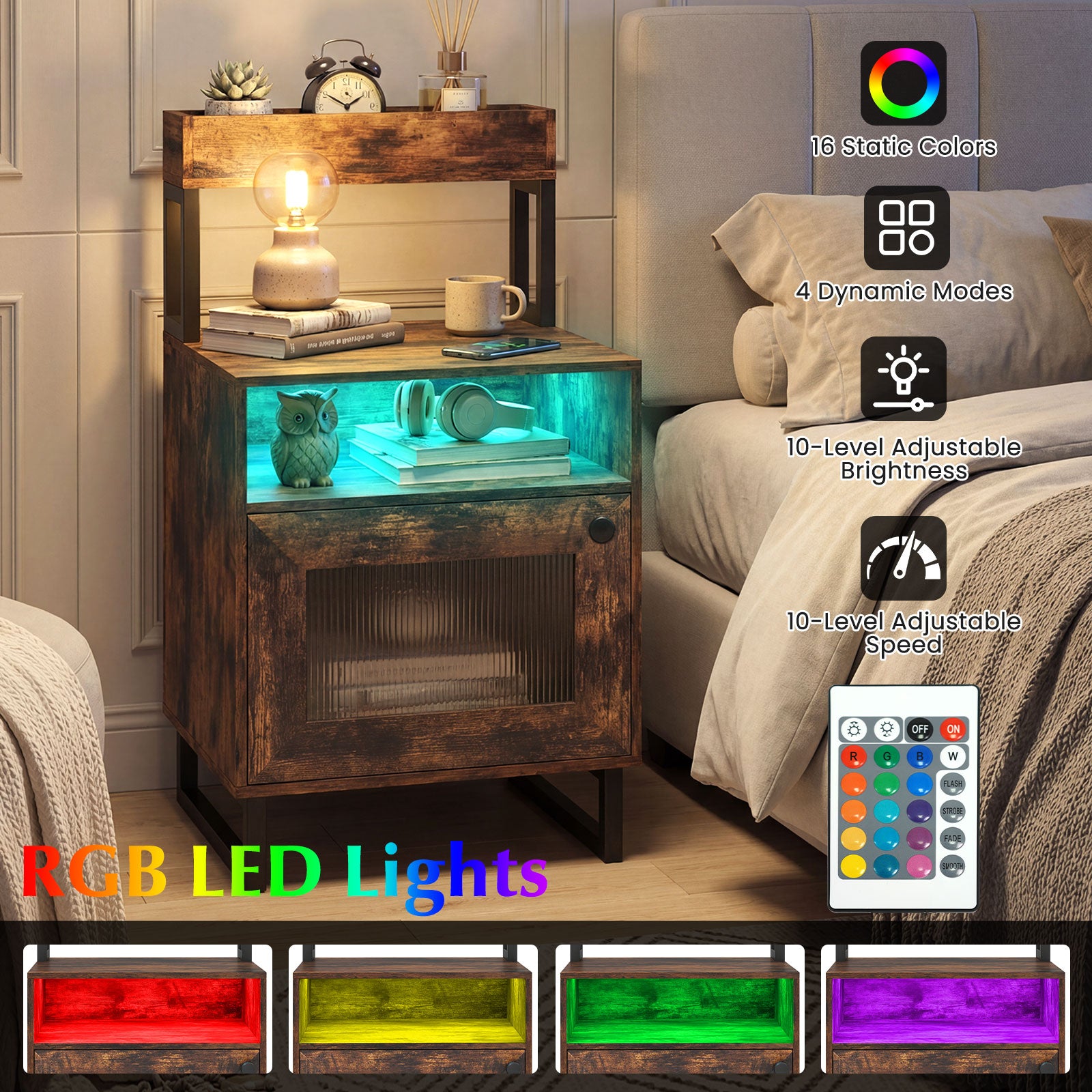 Nightstand with LED Lights, Modern End Table, Size, Rustic Brown Nightstands at Gallery Canada