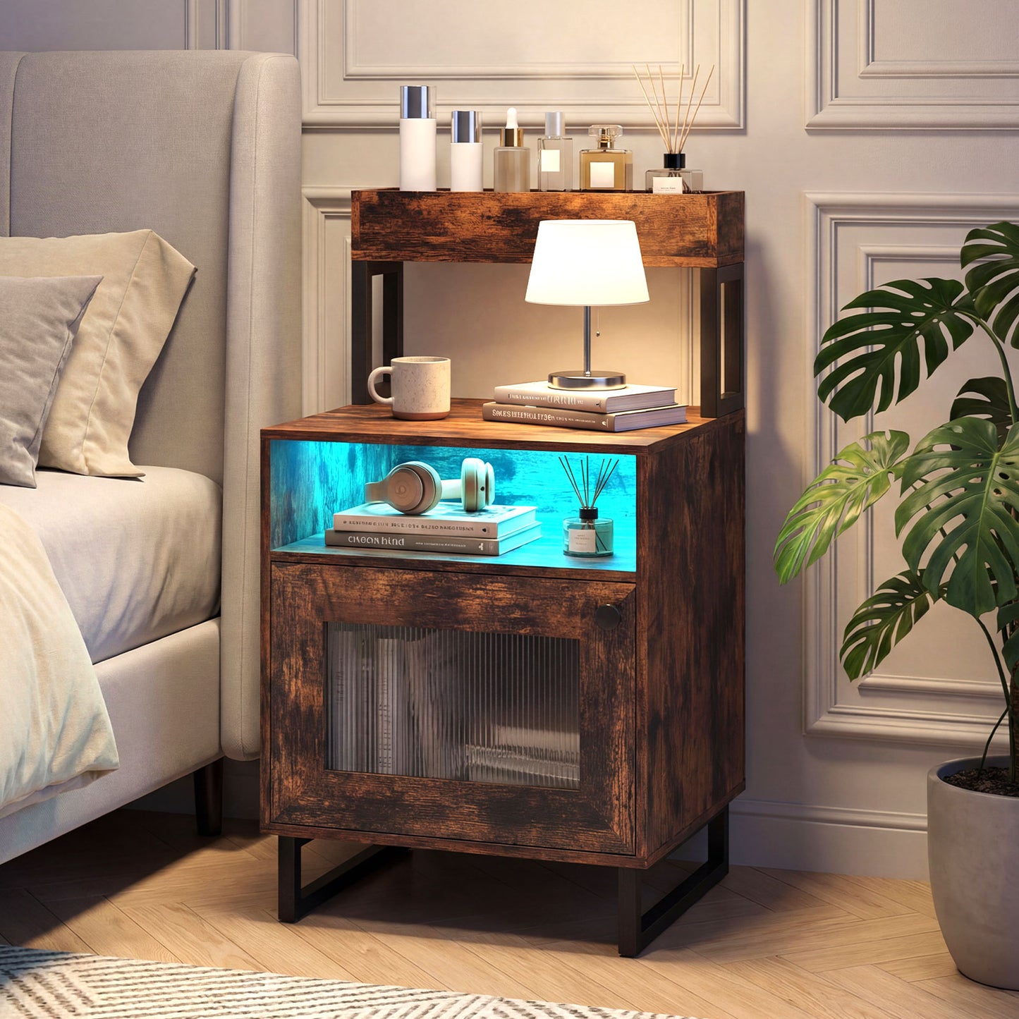Nightstand with LED Lights, Modern End Table, Size, Rustic Brown Nightstands at Gallery Canada