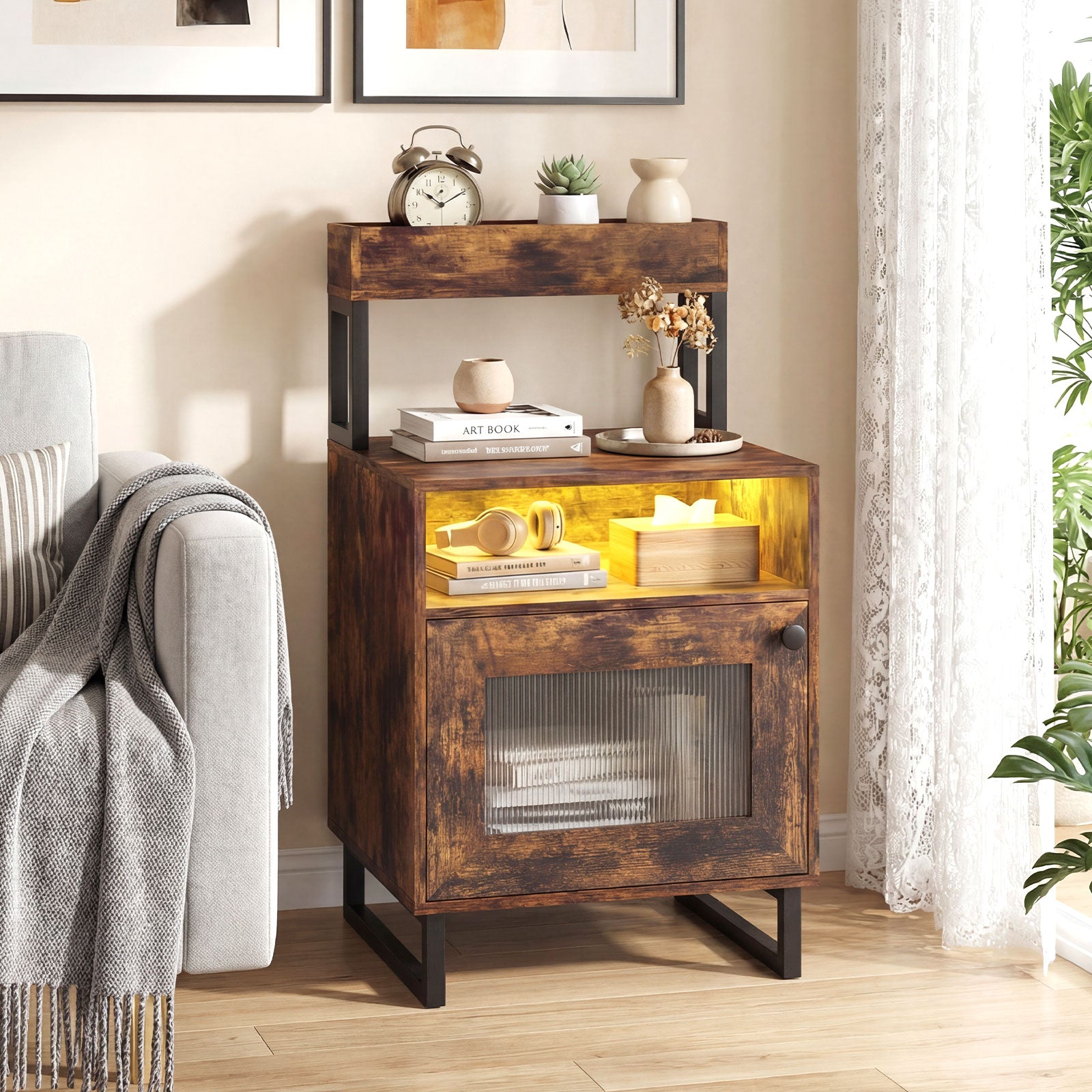 Nightstand with LED Lights, Modern End Table, Size, Rustic Brown Nightstands at Gallery Canada
