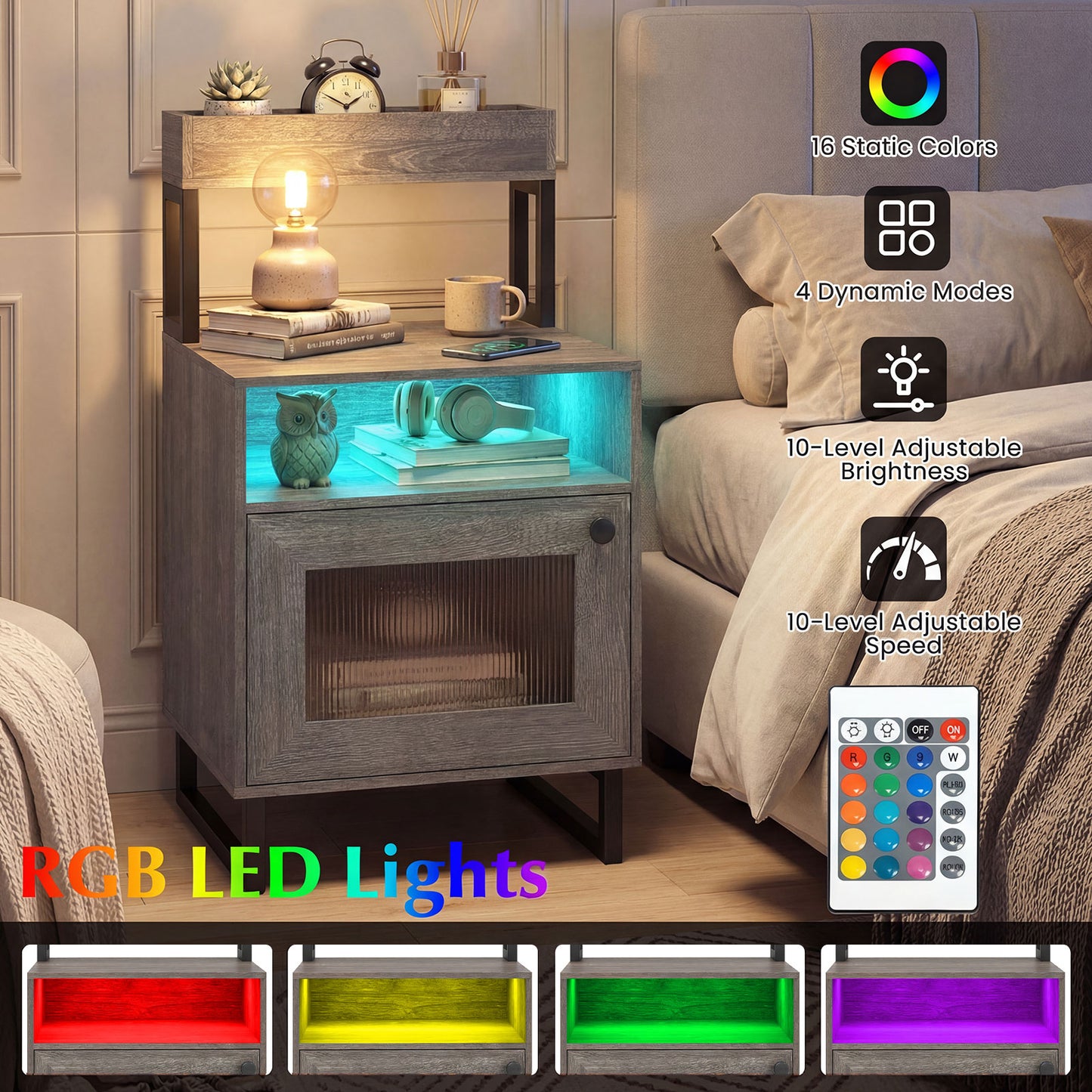 Modern LED Nightstand With Storage Cabinet, Gray Nightstands at Gallery Canada