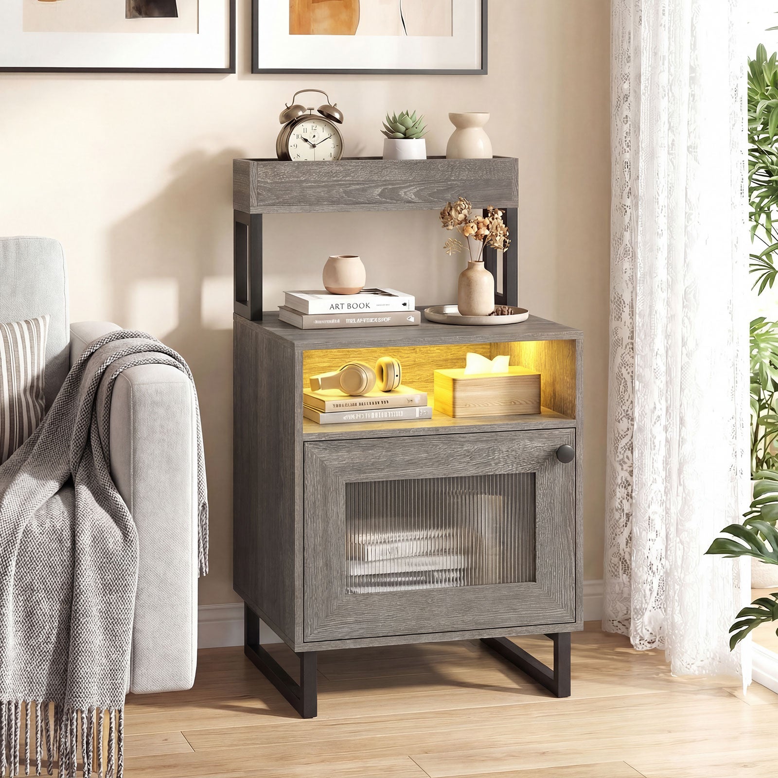 Modern LED Nightstand With Storage Cabinet, Gray Nightstands at Gallery Canada