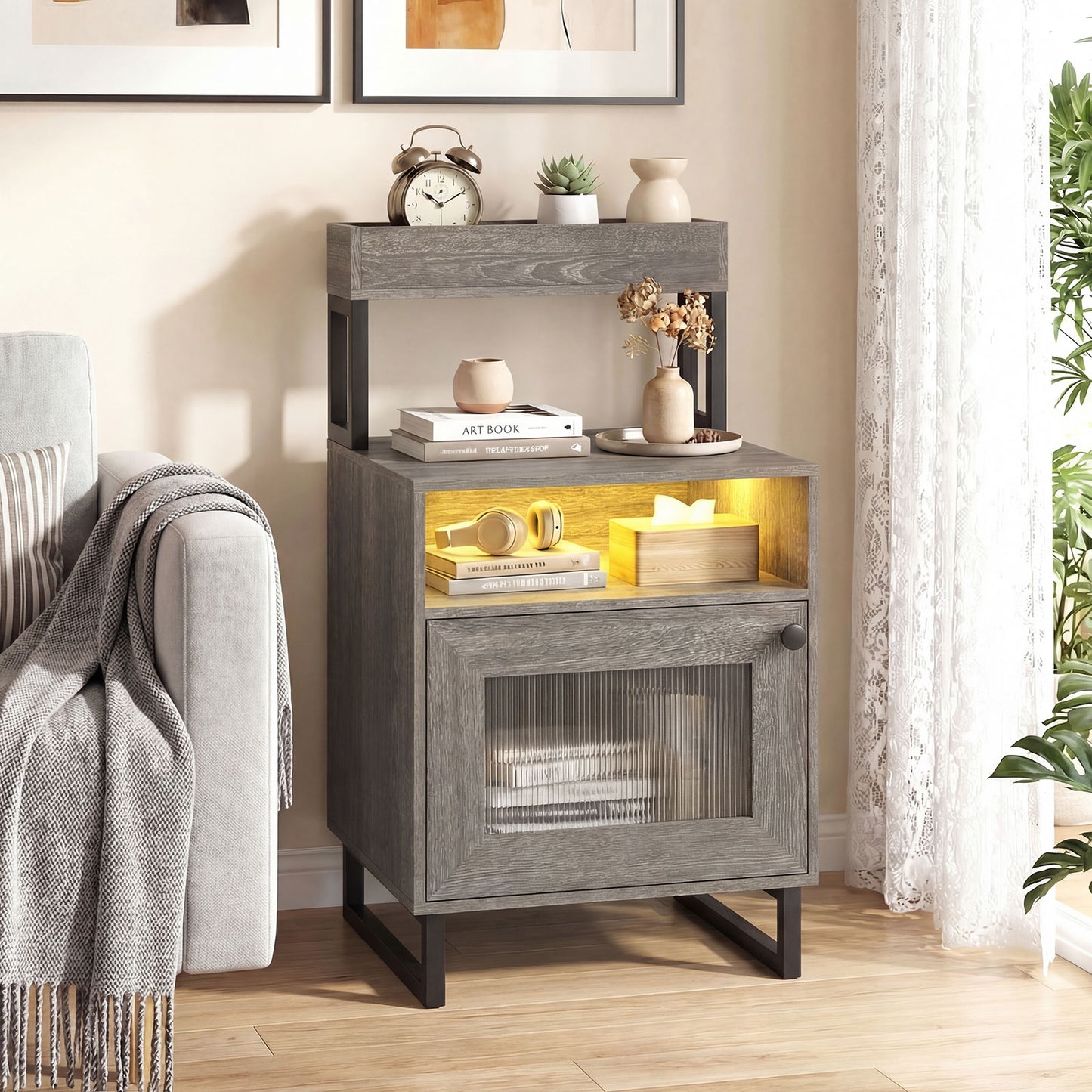 Modern LED Nightstand With Storage Cabinet, Gray Nightstands at Gallery Canada