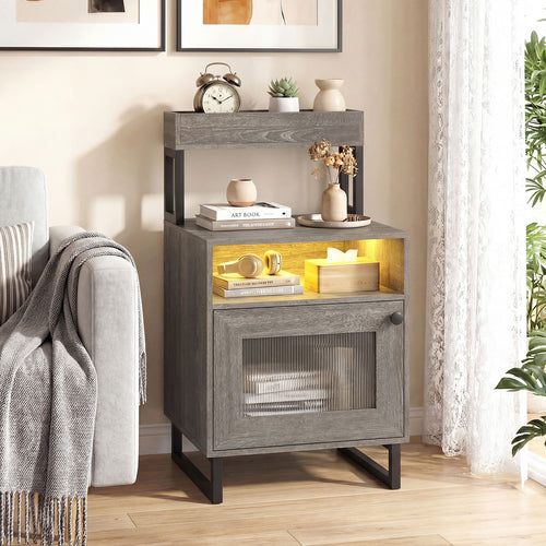 Modern LED Nightstand With Storage Cabinet, Gray