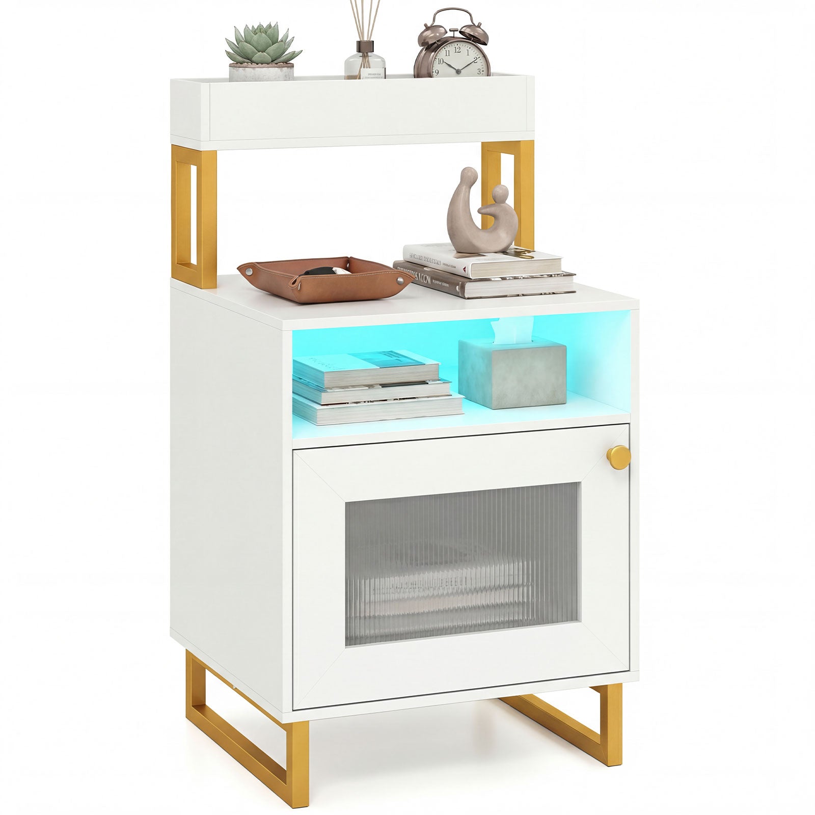 Modern LED Nightstand With Top Tray, Storage Cabinet, White Nightstands White at Gallery Canada