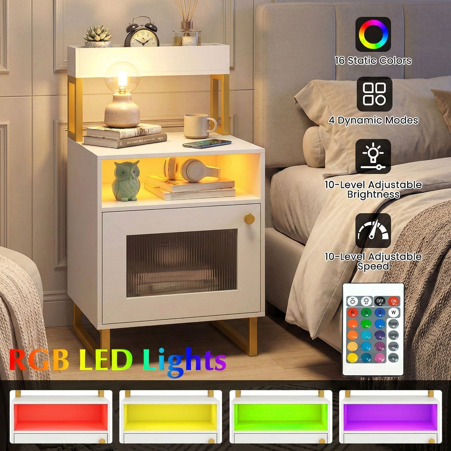 Modern LED Nightstand With Top Tray, Storage Cabinet, White Nightstands at Gallery Canada
