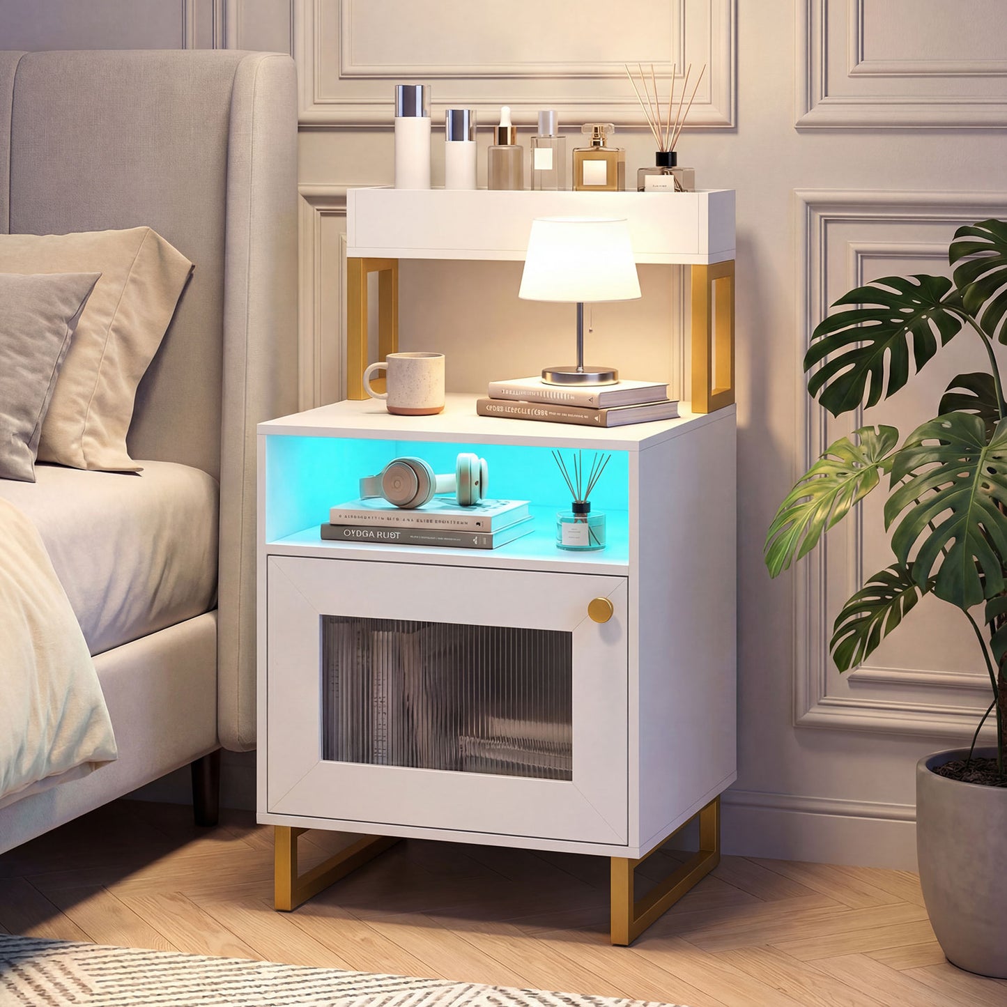 Modern LED Nightstand With Top Tray, Storage Cabinet, White Nightstands at Gallery Canada