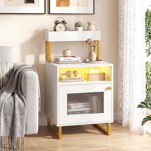Modern LED Nightstand With Top Tray, Storage Cabinet, White