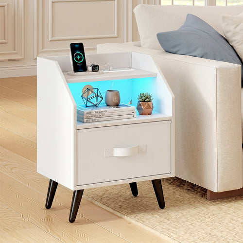 Nightstand With Power Outlets, Open Shelf, White