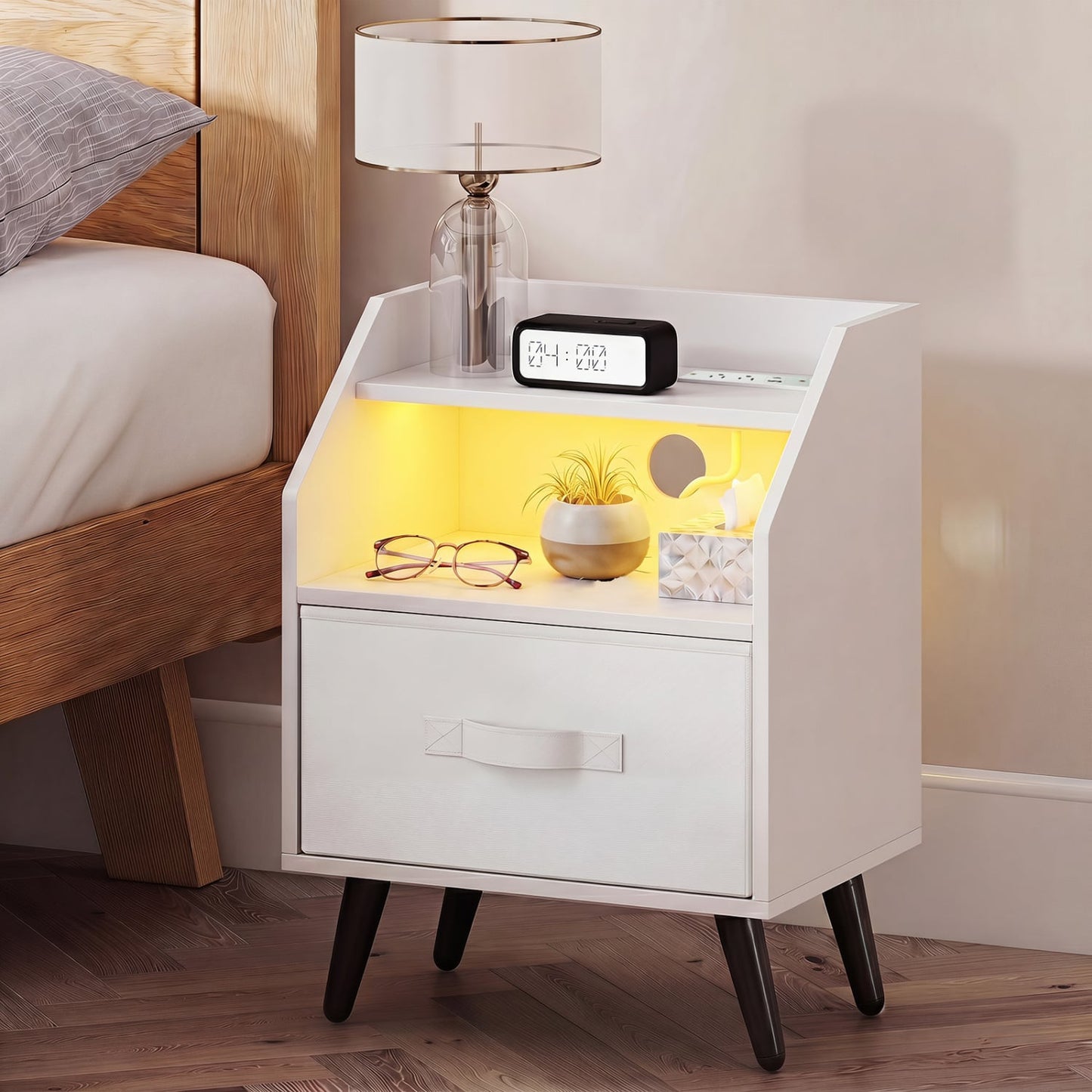 Nightstand With Power Outlets, Open Shelf, White