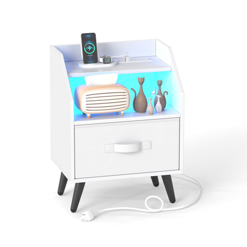Nightstand With Power Outlets, Open Shelf, White