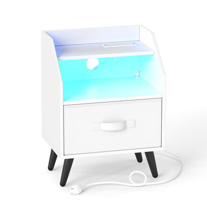 Nightstand With Power Outlets, Open Shelf, White