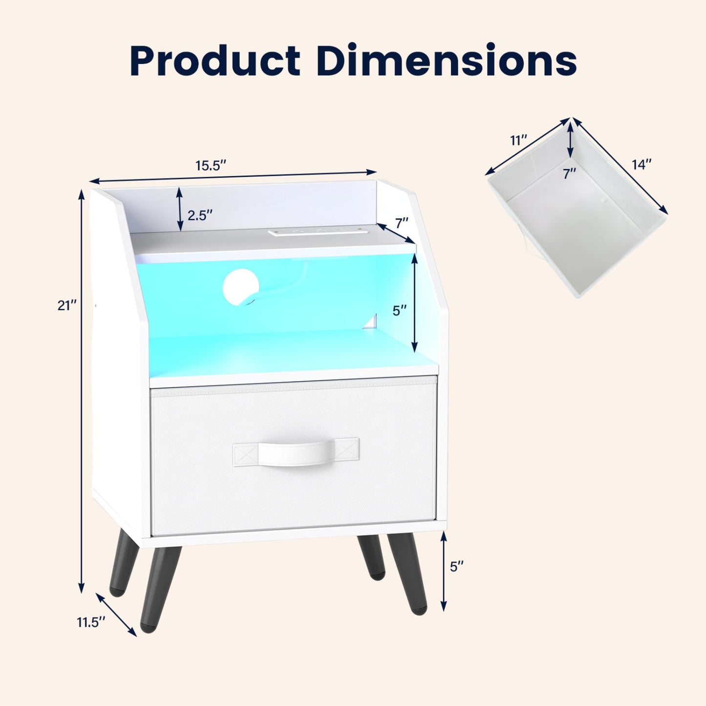 Nightstand With Power Outlets, Open Shelf, White