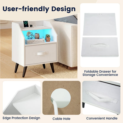 Nightstand With Power Outlets, Open Shelf, White