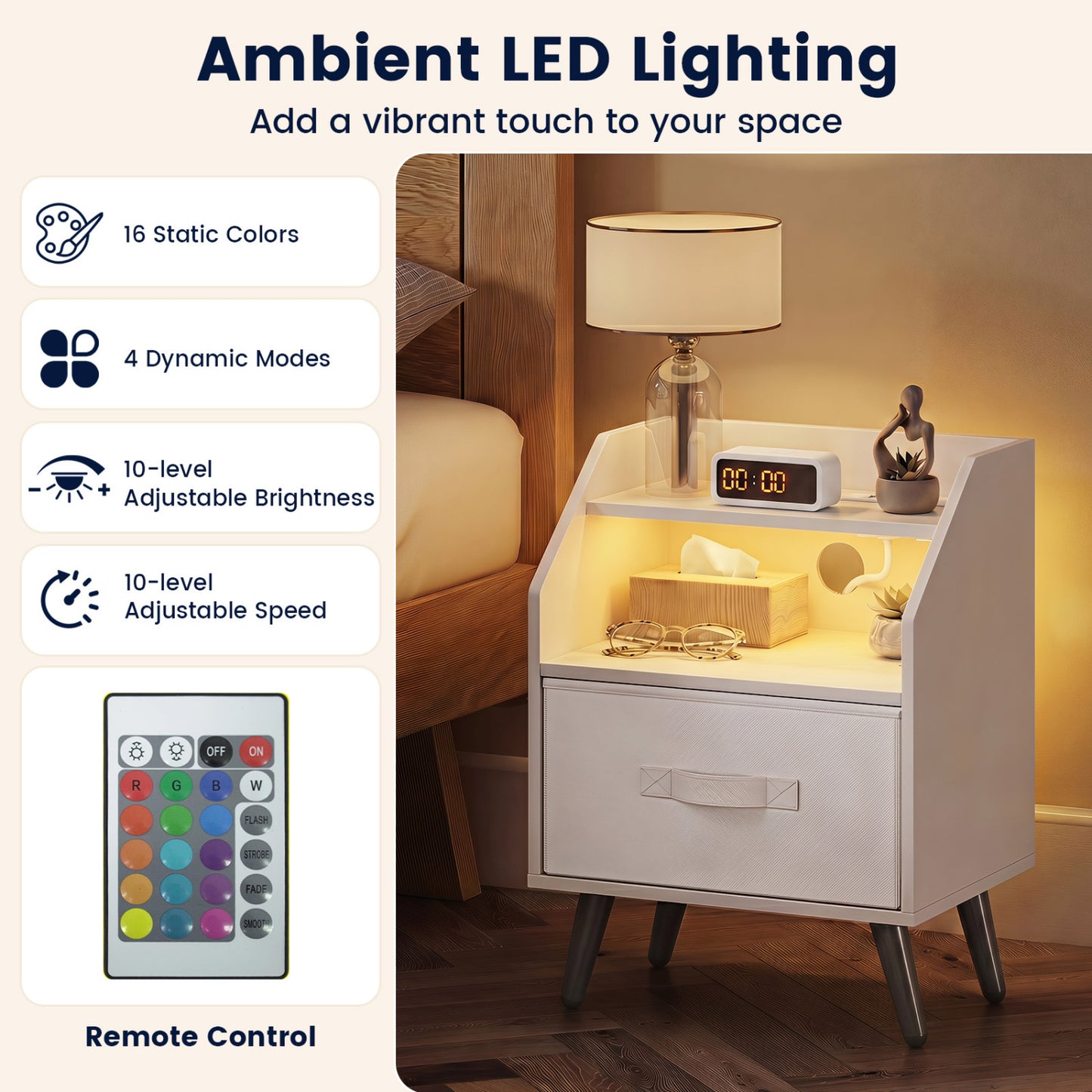 Nightstand With Power Outlets, Open Shelf, White