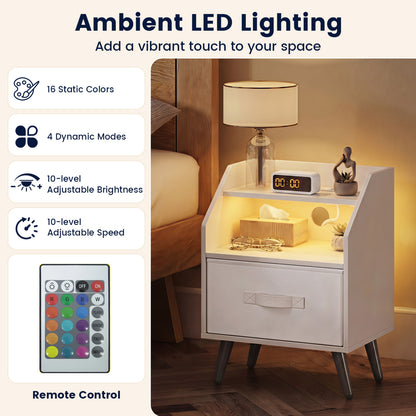 Nightstand With Power Outlets, Open Shelf, White