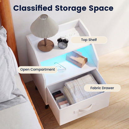 Nightstand With Power Outlets, Open Shelf, White