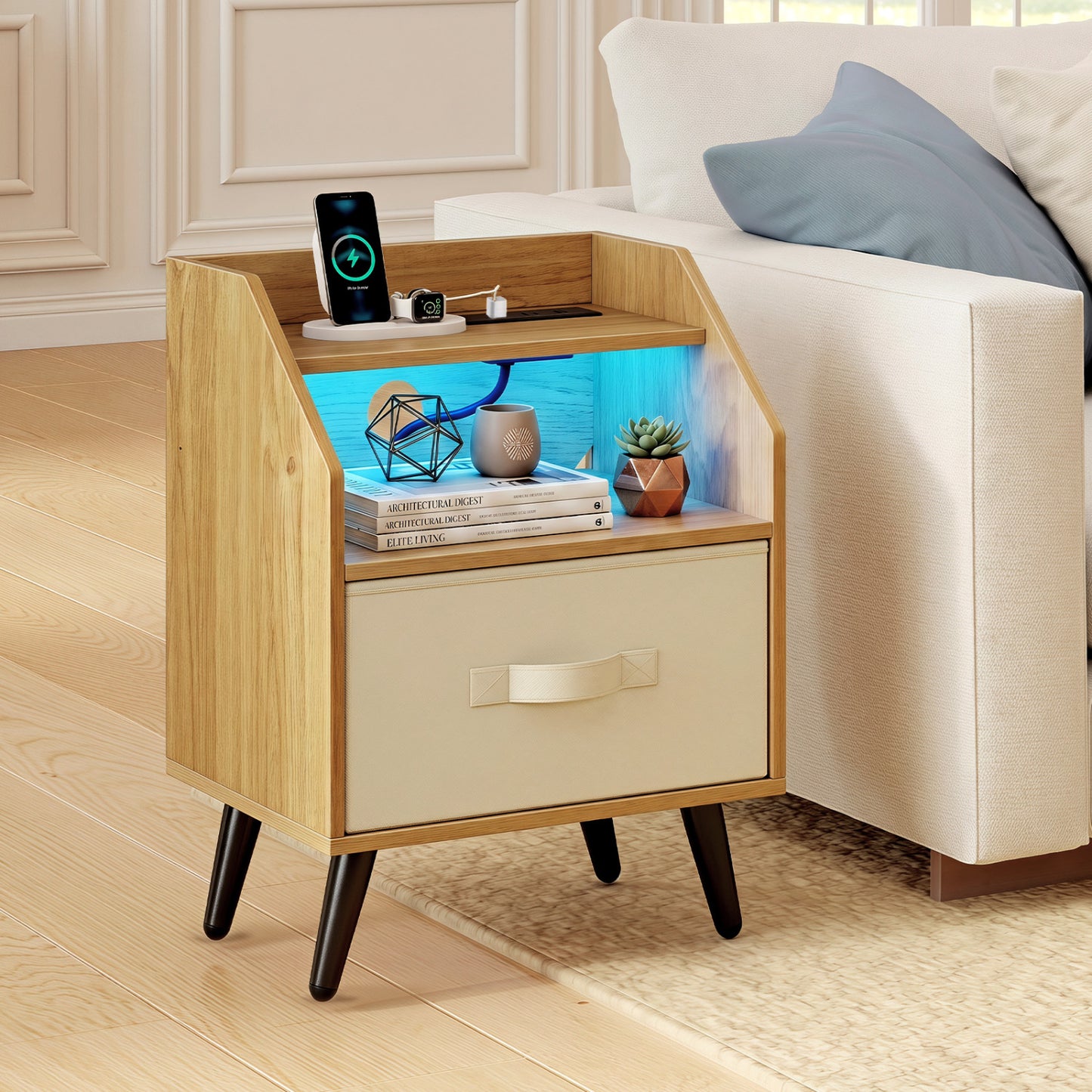 Nightstand with Power Outlets & Shelf, Natural