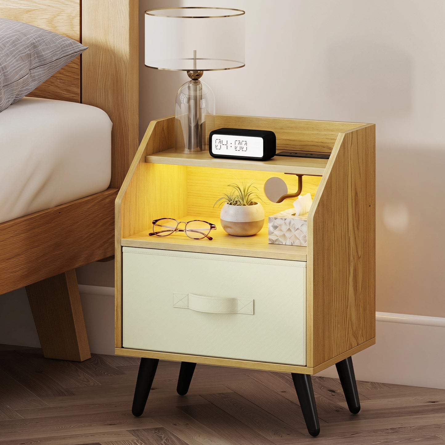 Nightstand with Power Outlets & Shelf, Natural