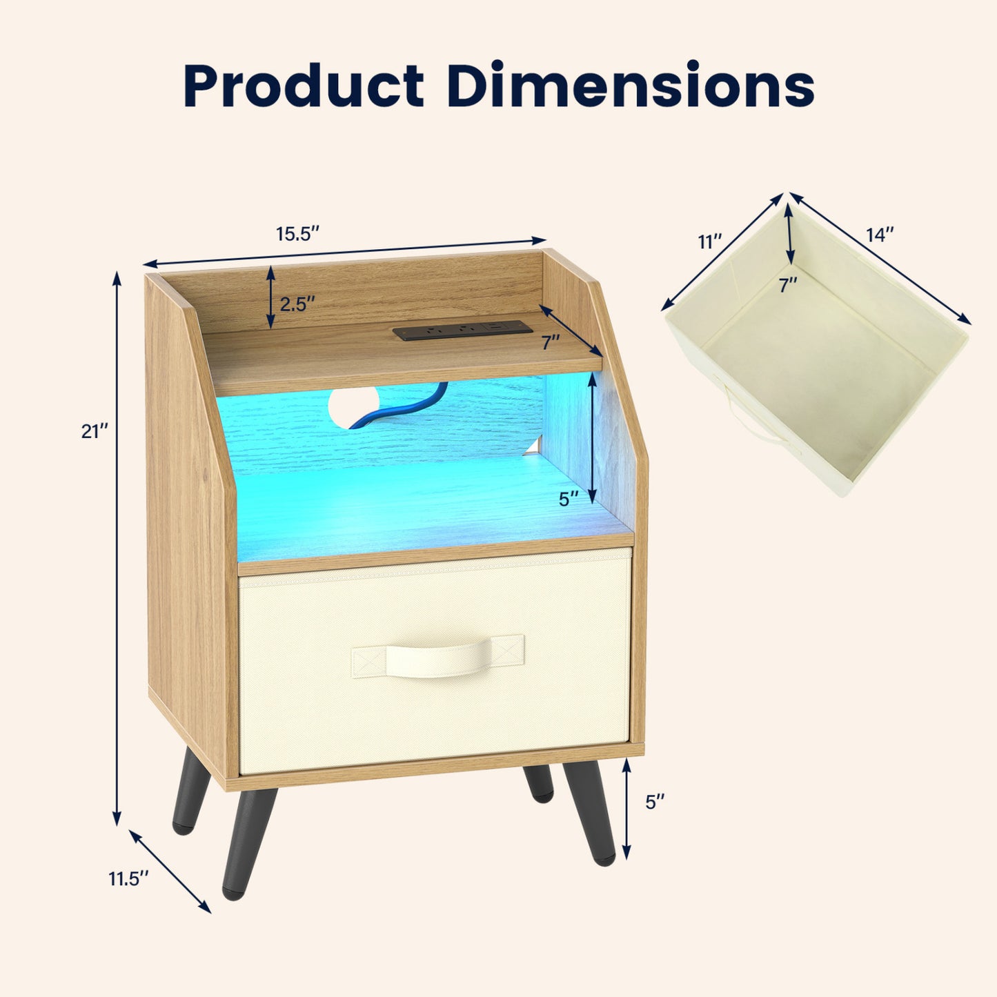 Nightstand with Power Outlets & Shelf, Natural