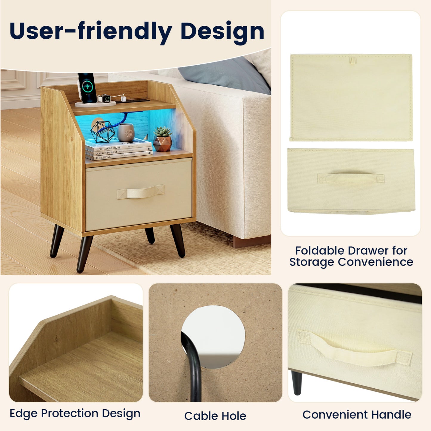 Nightstand with Power Outlets & Shelf, Natural