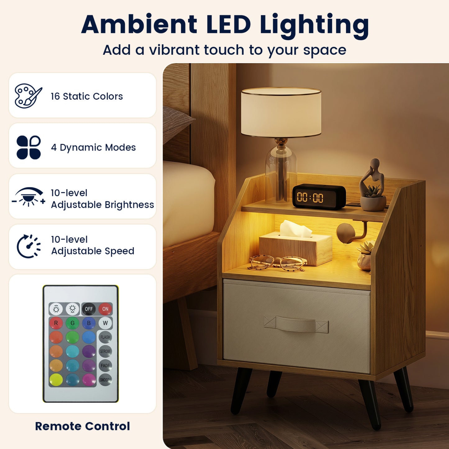 Nightstand with Power Outlets & Shelf, Natural