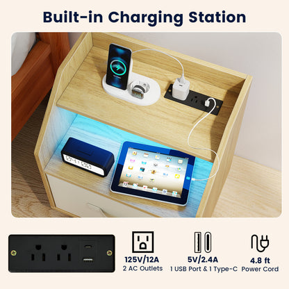 Nightstand with Power Outlets & Shelf, Natural