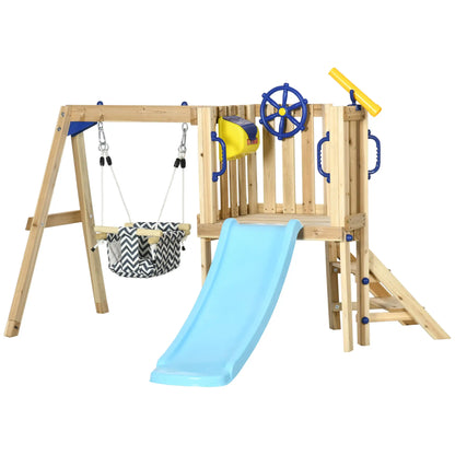 Wooden Kids Swing Set With Slide, Swing Seat, Captain's Wheel, Telescope, Natural Gym Sets & Swings Natural, Blue, Yellow at Gallery Canada