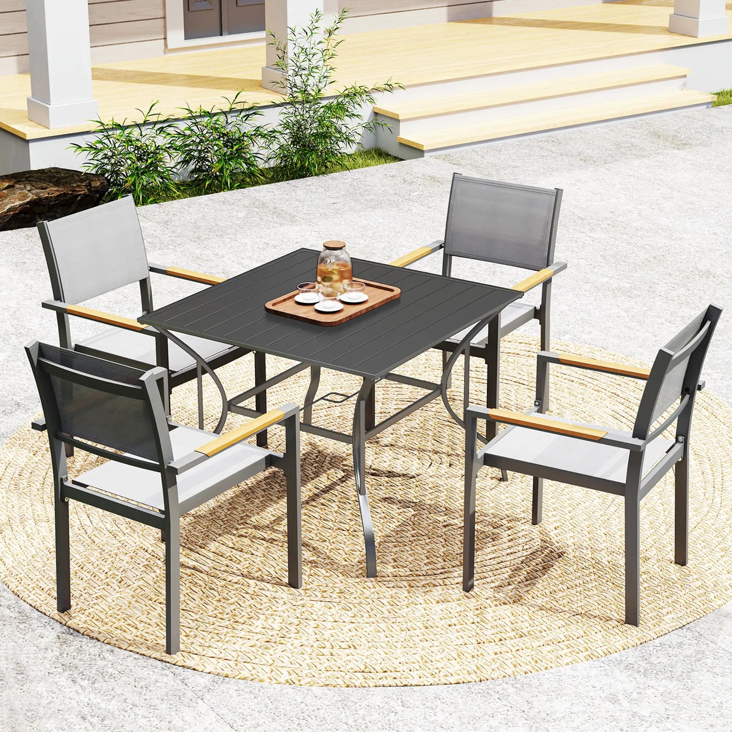 Square Outdoor Dining Table, Slatted Metal Top, 48 Inch, Dark Grey Patio Dinning Tables at Gallery Canada