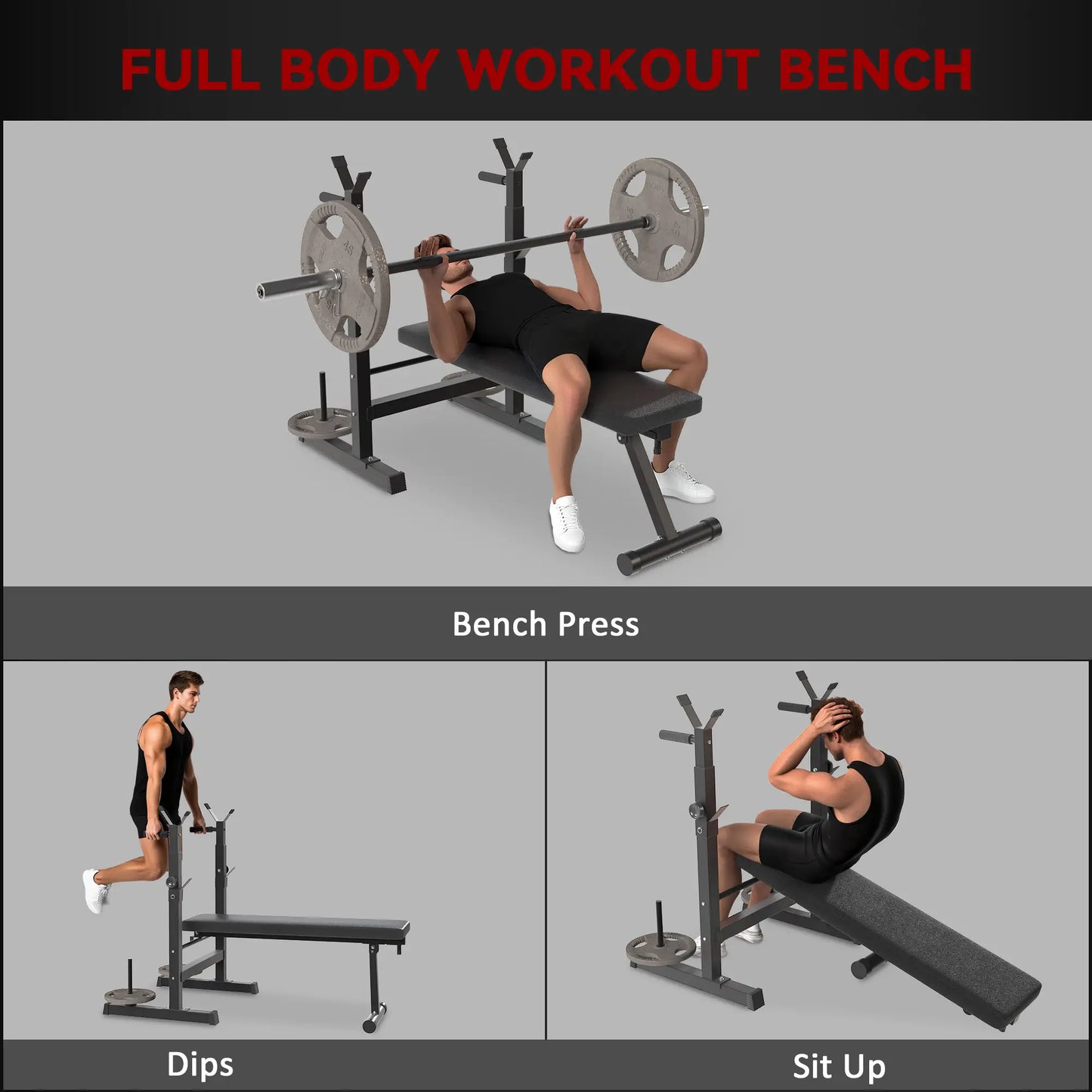 Adjustable Weight Bench, Foldable with Barbell Rack, Dip Station, Black and Grey Weight Benches at Gallery Canada