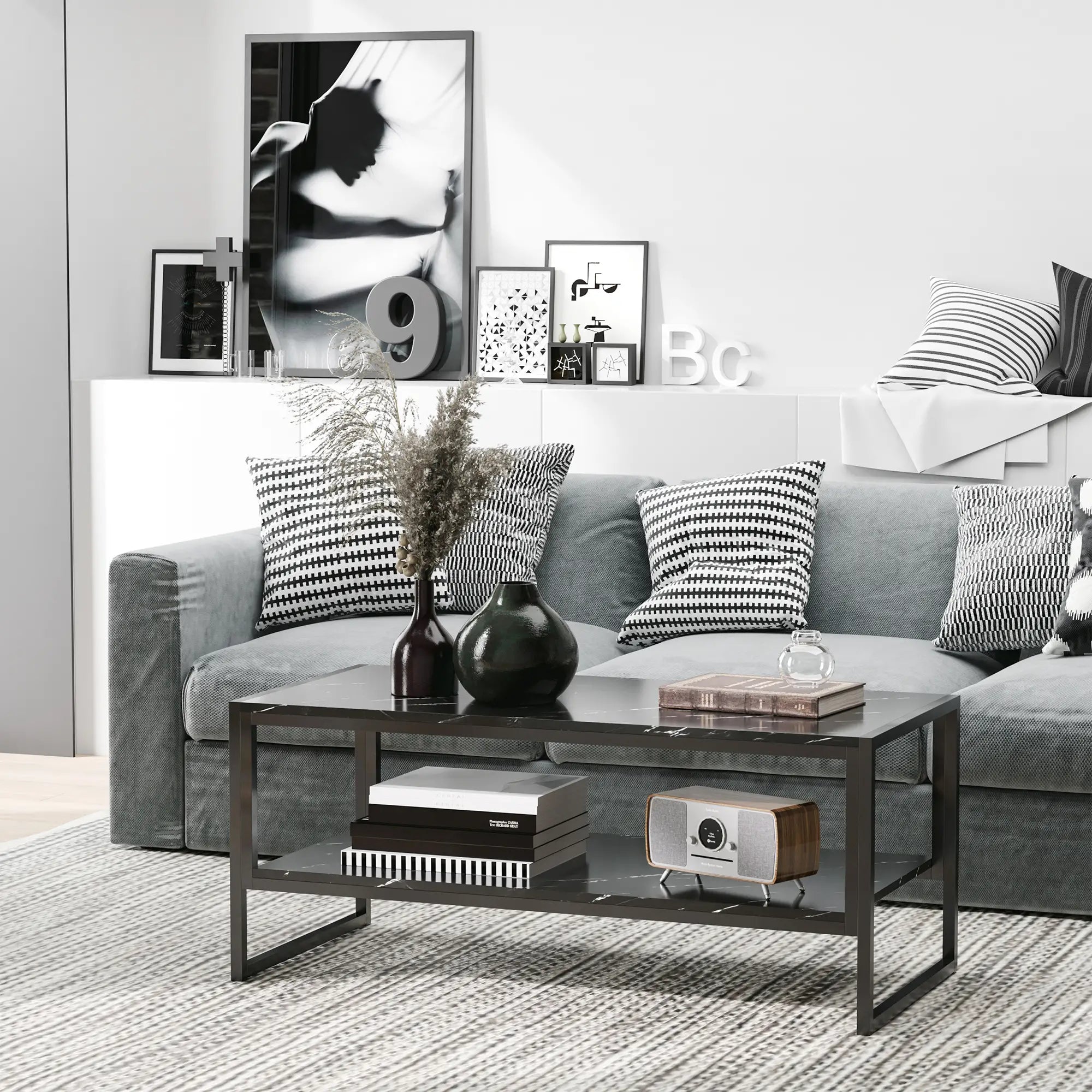 2-Tier Coffee Table with Storage, Marble Textured Top, Black Coffee Tables at Gallery Canada