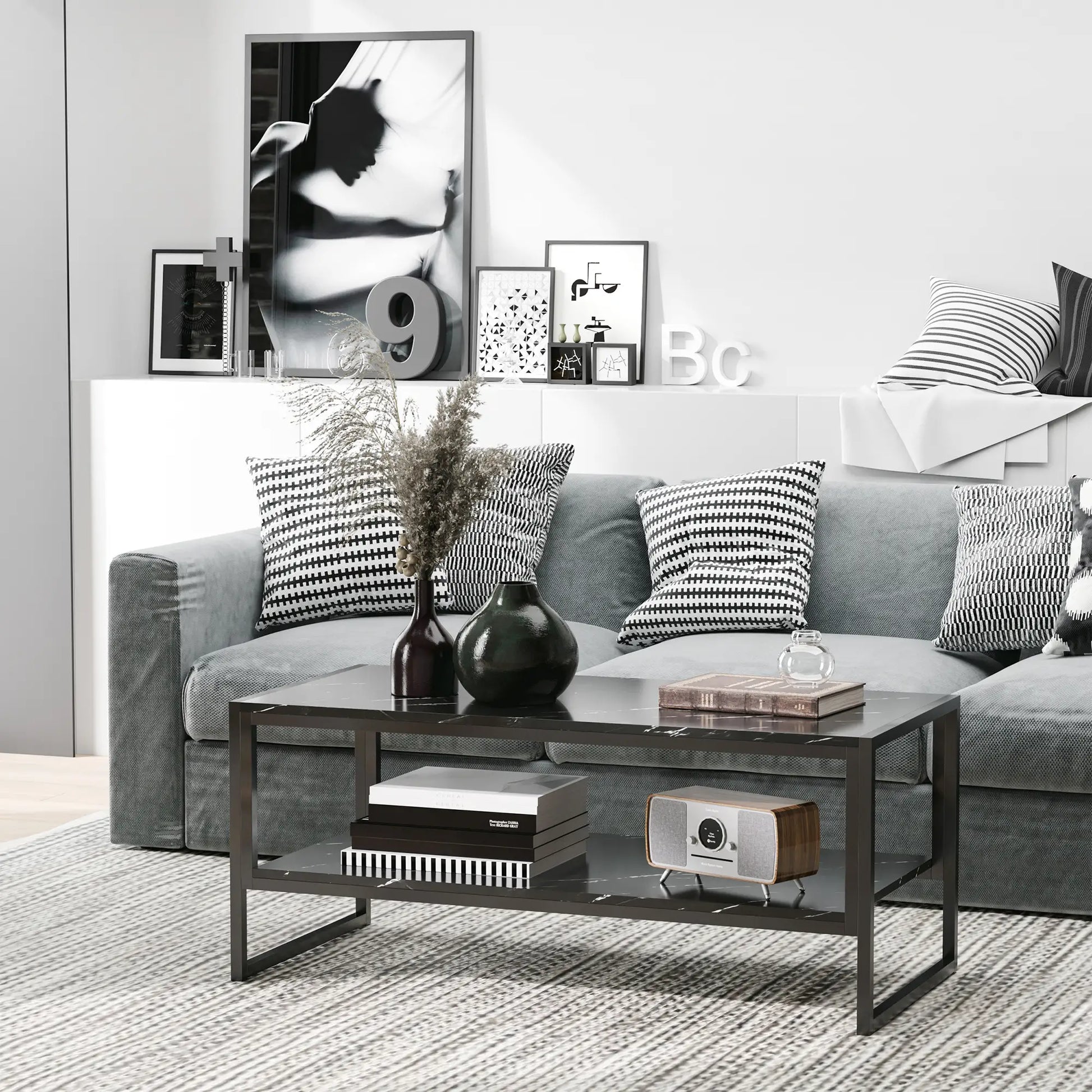 2-Tier Coffee Table with Storage, Marble Textured Top, Black Coffee Tables at Gallery Canada