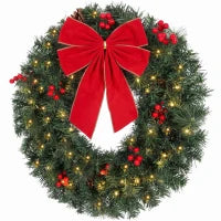 Couronne de Noël artificielle de 24 pouces, 50 lumières LED, nœud, vert