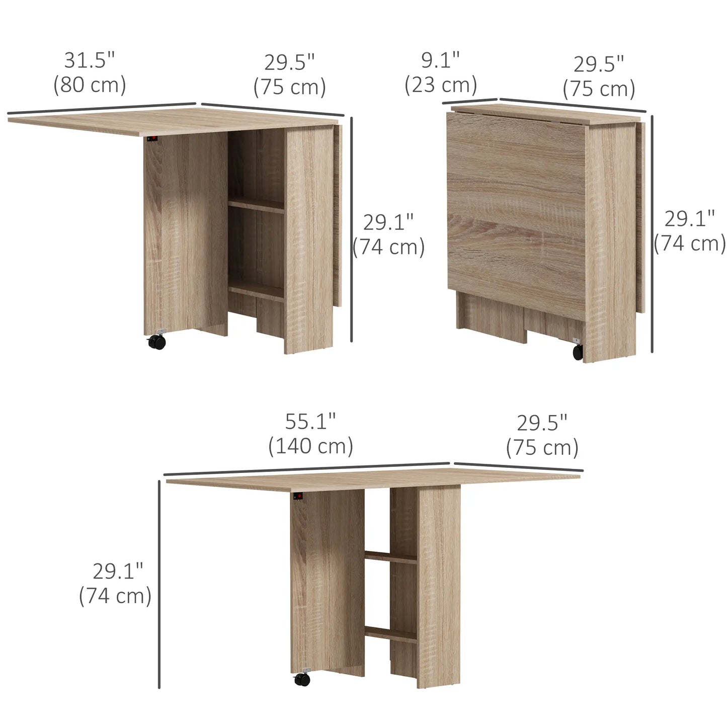 Extendable Dining Table, Collapsible w/ 2-Tier Shelves, Rolling Casters, Nature Wood Dining Tables at Gallery Canada