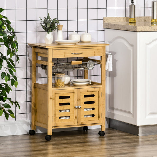 Rolling Kitchen Island Cart, Utility Bamboo Storage Rack, Serving Cart with Drawer, Wire Basket and Cabinet for Dining Room, Natural - Gallery Canada