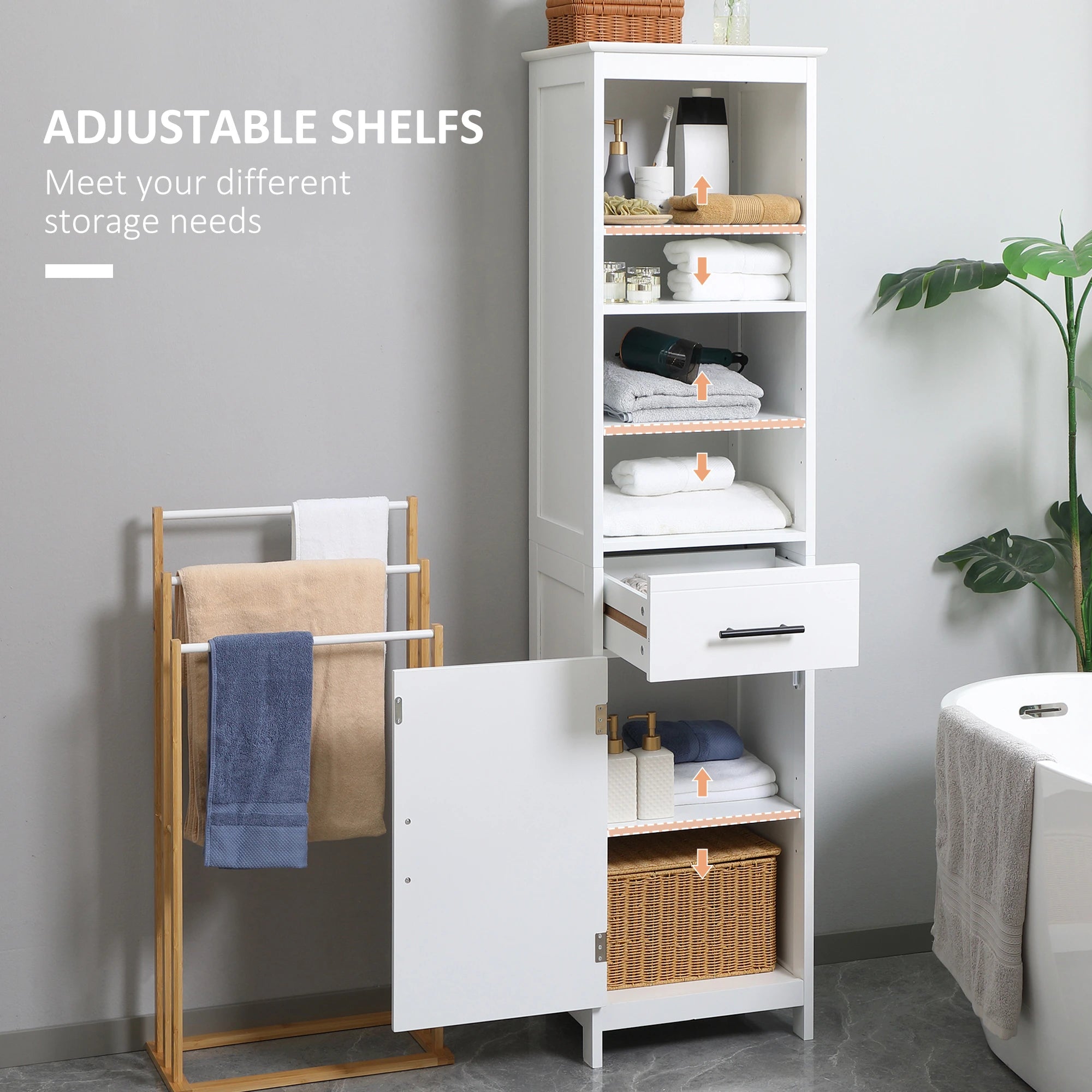 Tall Bathroom Storage Cabinet, 3-Tier Shelf with Door and Drawer, White Bathroom Cabinets at Gallery Canada
