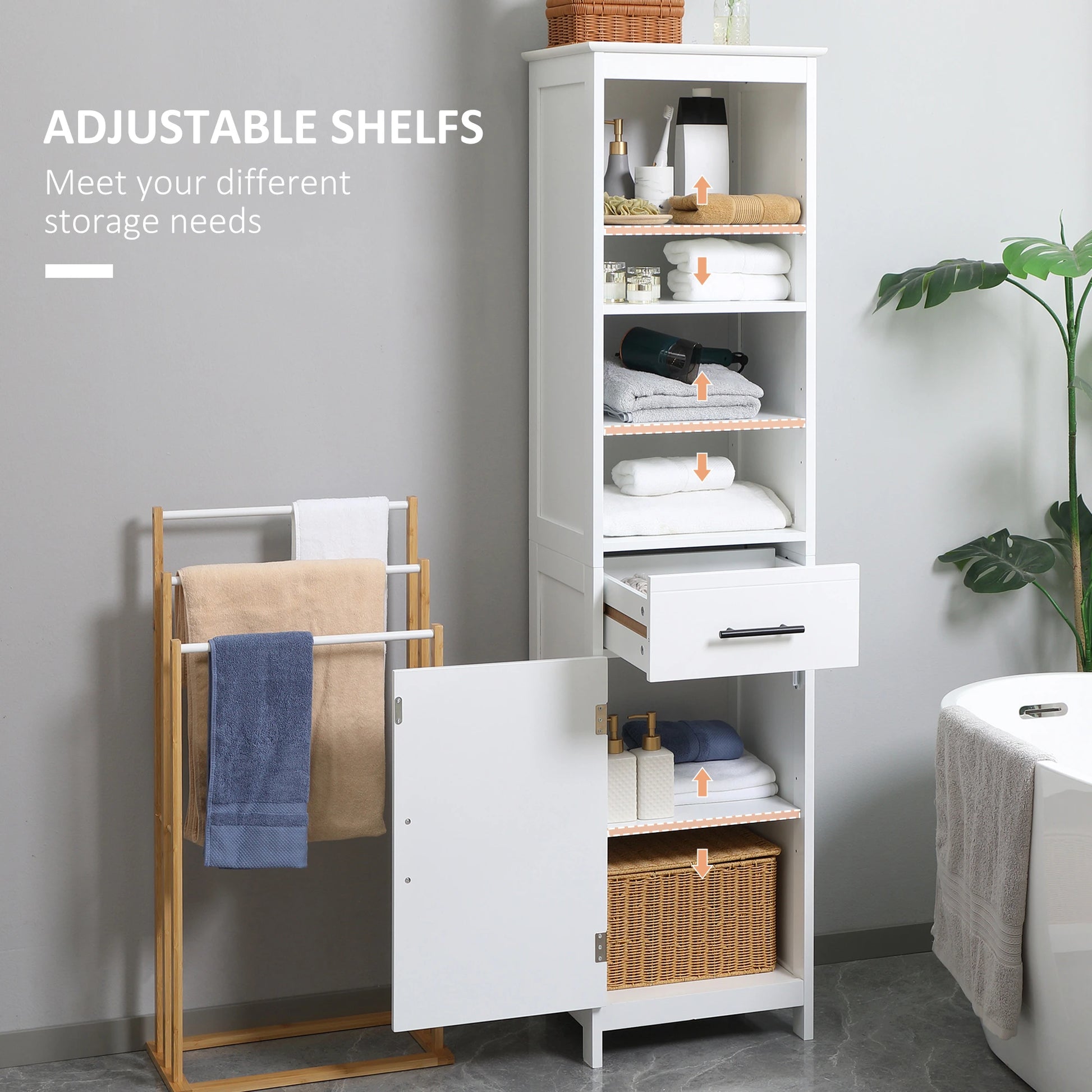 Tall Bathroom Storage Cabinet, 3-Tier Shelf with Door and Drawer, White Bathroom Cabinets at Gallery Canada