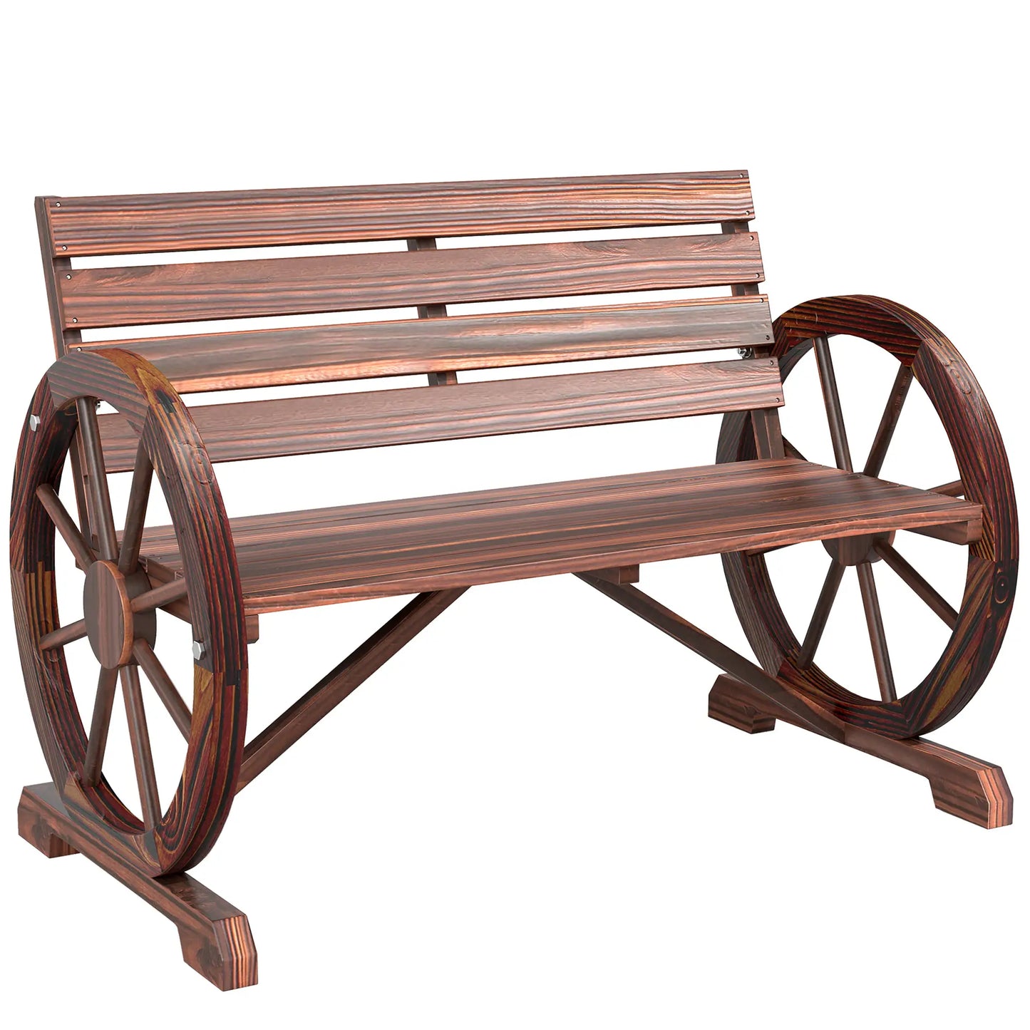 42" Wood Wagon Wheel Bench, Rustic Garden Loveseat, Brown Outdoor Benches at Gallery Canada