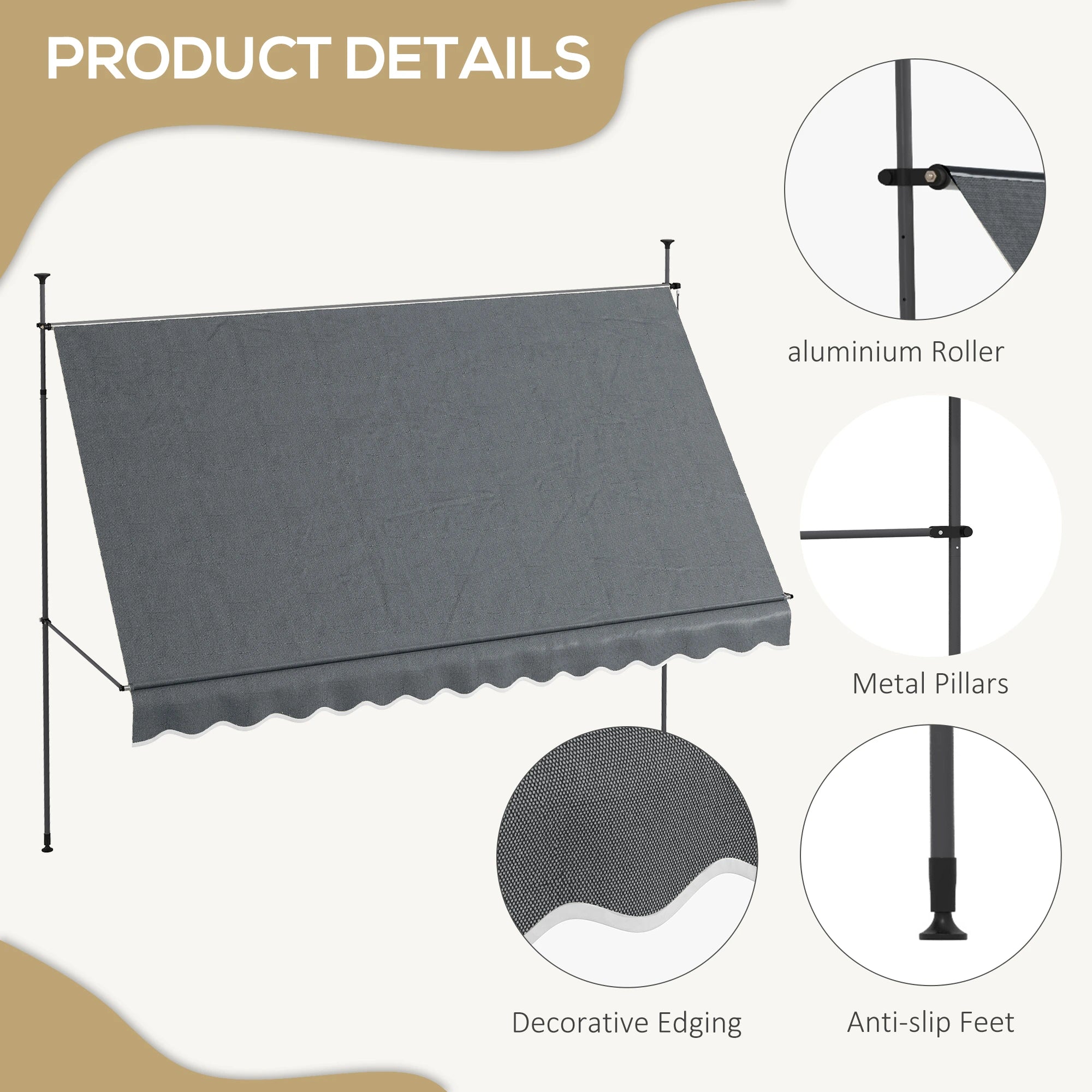 11.5' x 4' Manual Retractable Awning, Freestanding, UV Resistant, Dark Grey Patio Awnings at Gallery Canada