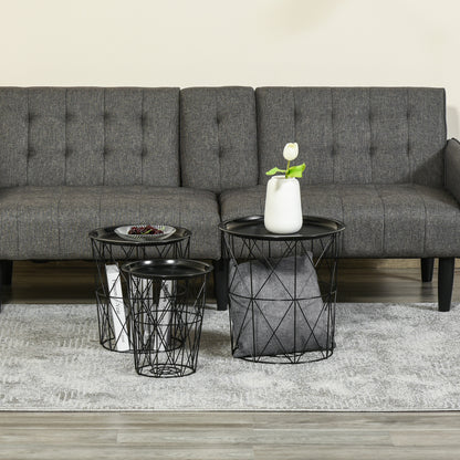 Set of 3 Nesting Coffee Tables with Storage, Round End Table with Removable Tray, Basket Side Tables with Metal Frame for Living Room, Black Side Tables at Gallery Canada