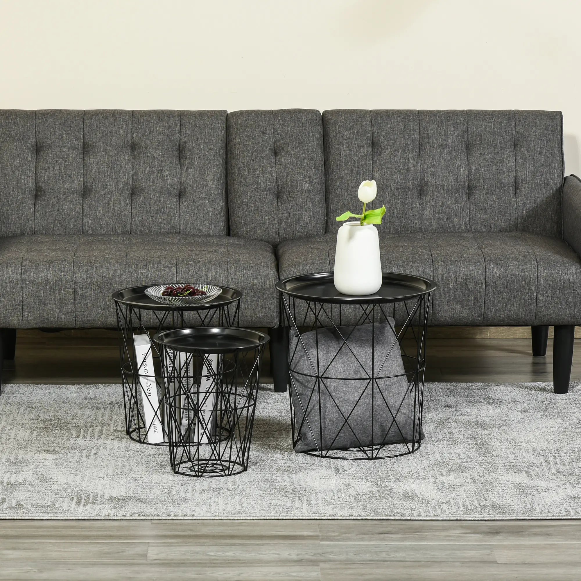 3 Nesting Coffee Tables With Storage, Round End Table, Basket Side Tables, Black Side Tables at Gallery Canada