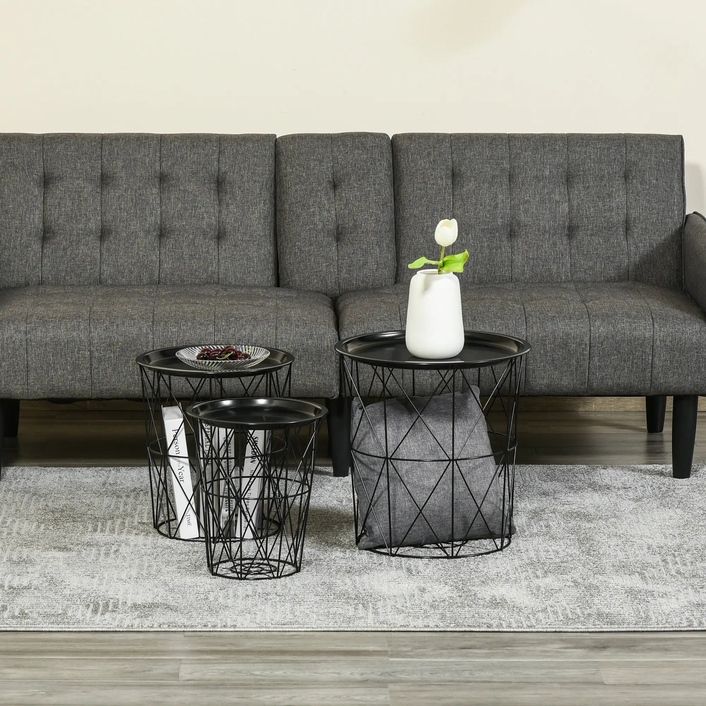 3 Nesting Coffee Tables With Storage, Round End Table, Basket Side Tables, Black Side Tables at Gallery Canada